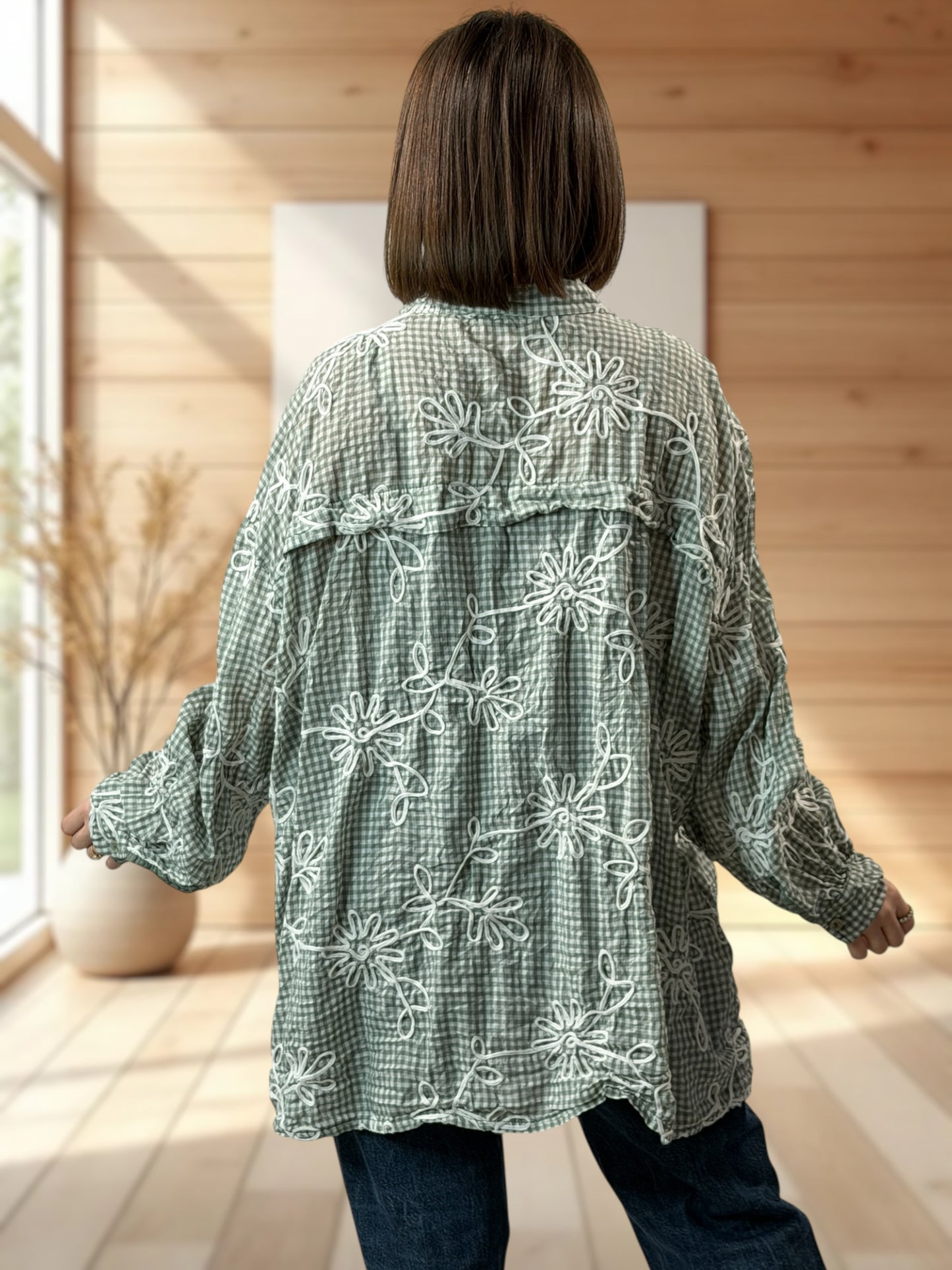 NINA - CHEMISE OVERSIZE VICHY KAKI JUSQU'A LA TAILLE 52