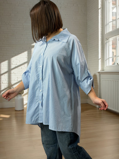 EMMA - CHEMISE OVERSIZE BLEU CIEL A RAYURE JUSQU'A LA TAILLE 52/54