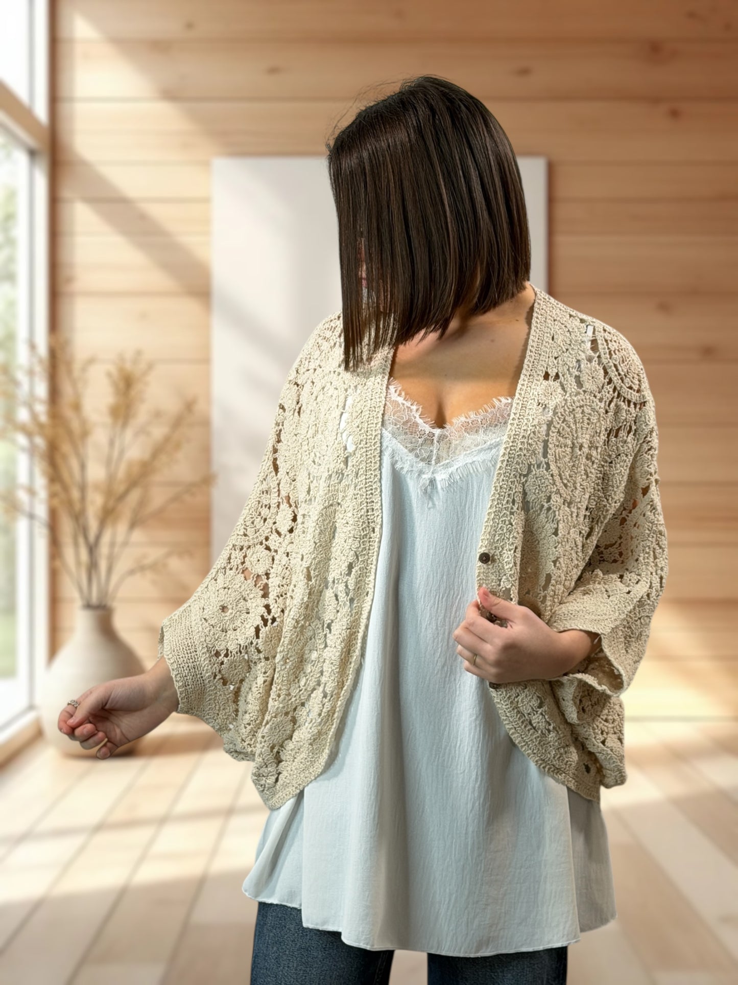 KARINA - GILET OVERSIZE EN COTON ECRU JUSQU'A LA TAILLE 50