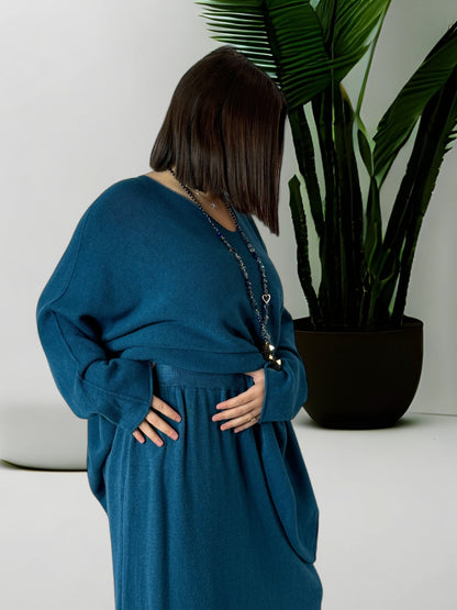 FAUSTINE - ENSEMBLE EN MAILLE BLEU CANARD JUSQU'A LA TAILLE 52/54