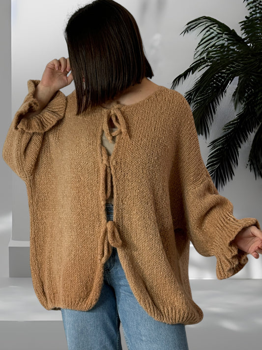 BERENGERE - GILET OVERSIZE CAMEL AVEC NOEUDS JUSQU'A LA TAILLE 52/54