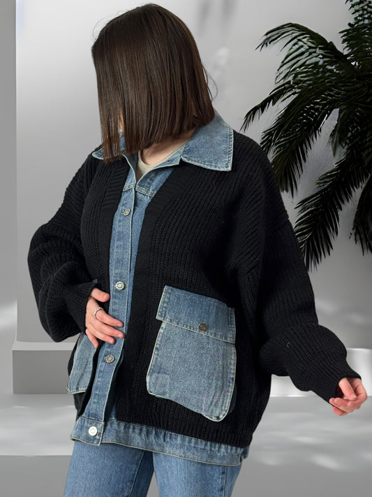 MASSIMO - VESTE NOIRE OVERSIZE AVEC JEAN JUSQU'A LA TAILLE 54