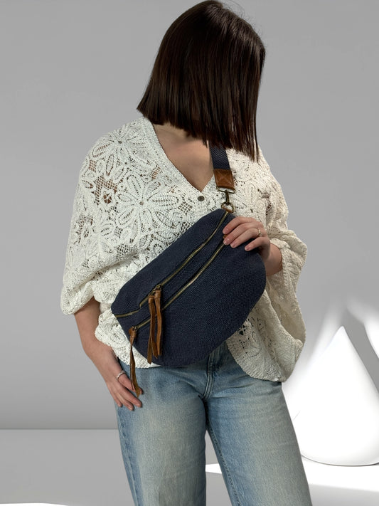 JESSY-  GRAND SAC BANANE MARINE EN TOILE