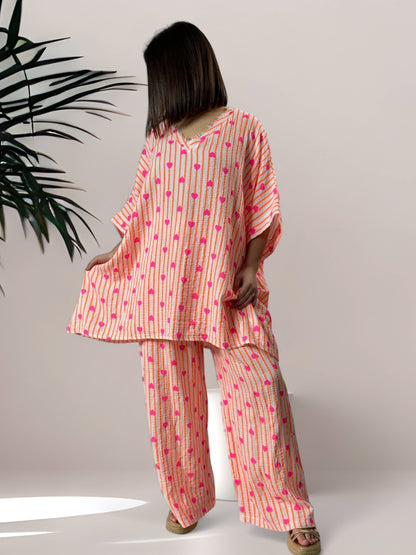 ANGY - PANTALON EN COTON RAYURE ORANGE JUSQU'A LA TAILLE 48/50