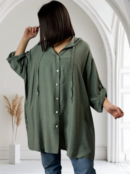 KARINE - VESTE CHEMISE KAKI OVERSIZE  A CAPUCHE JUSQU'A LA TAILLE 58