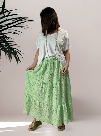 ROMY - JUPON VERT EN BRODERIE ANGLAISE JUSQU'A LA TAILLE 54