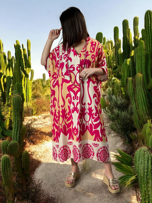 LALY - ROBE OVERSIZE MOTIF FUCHSIA JUSQU'A LA TAILLE 54