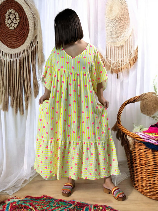 NATALIA - ROBE RAYURE JAUNE JUSQU'A LA TAILLE 56