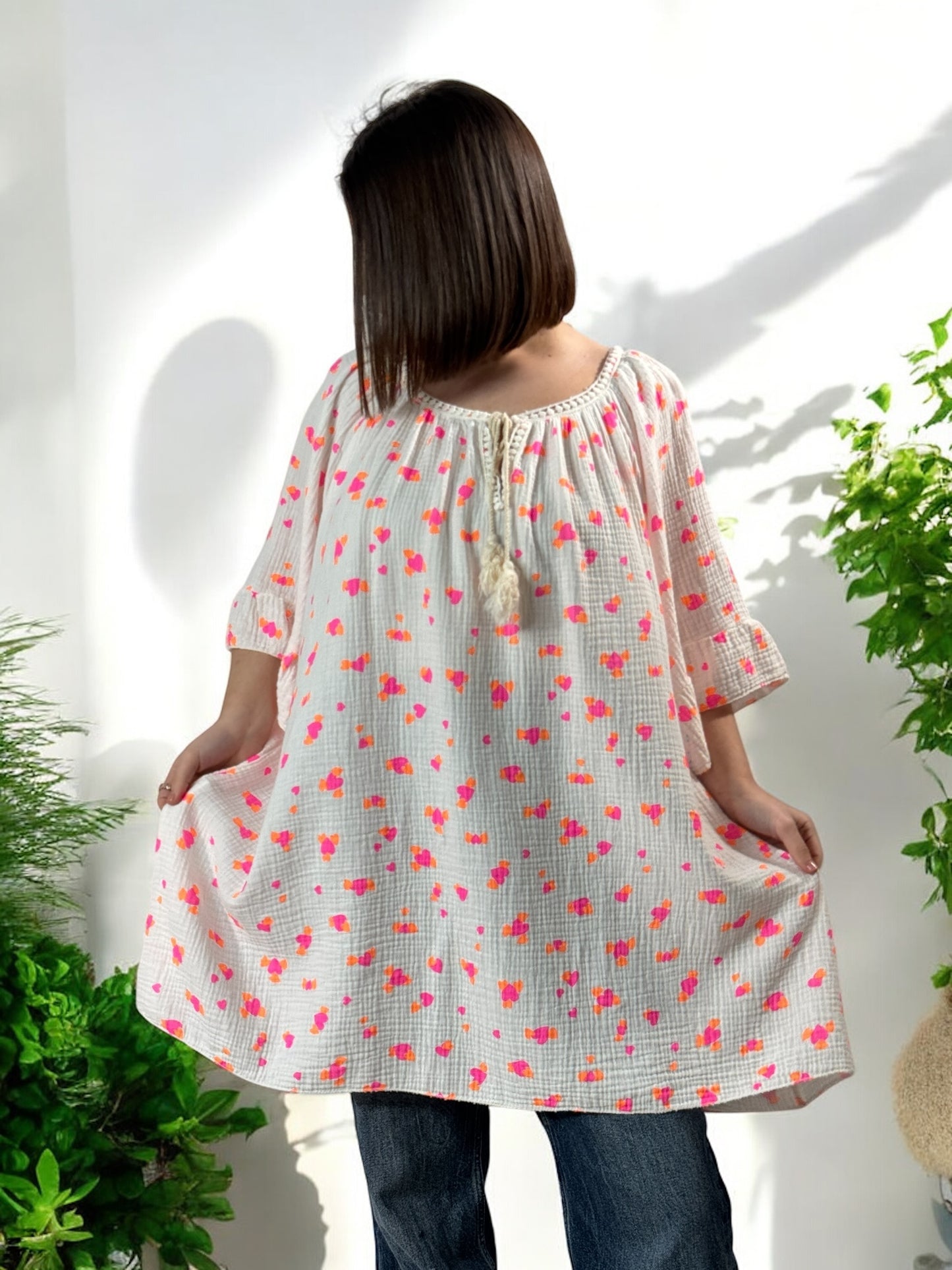 LUCIA - BLOUSE OVERSIZE COEUR FUCHSIA EN COTON JUSQU'A LA TAILLE 56
