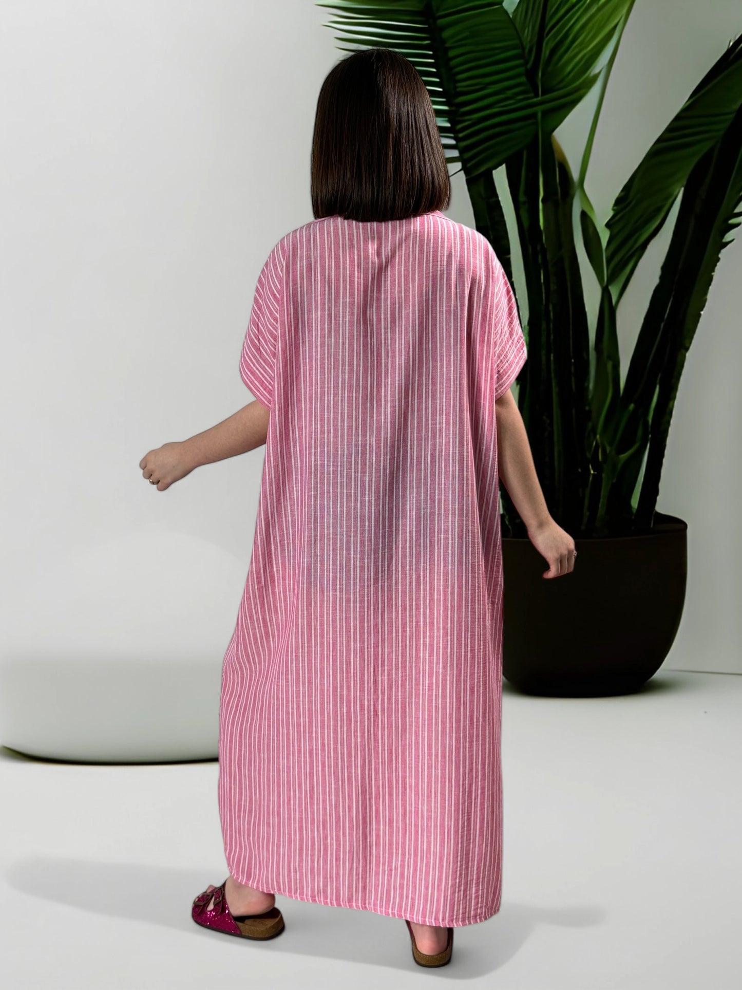 SOPHIE - ROBE CHEMISE OVERSIZE RAYURE ROSE JUSQU'A LA TAILLE 48