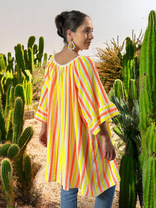 LILOU - BLOUSE OVERSIZE A RAYURE ORANGE EN COTON JUSQU'A LA TAILLE 56
