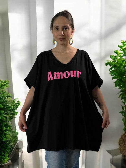 NINO - T-SHIRT NOIR MOTIF AMOUR JUSQU'A LA TAILLE 58