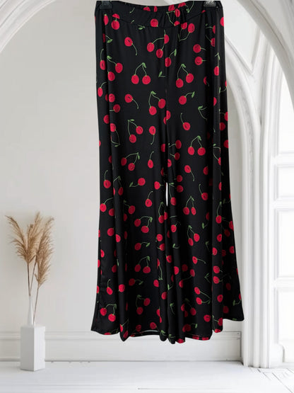 NOUGAT - PANTALON PALAZZO NOIR MOTIF CERISE TAILLE 46 A 54