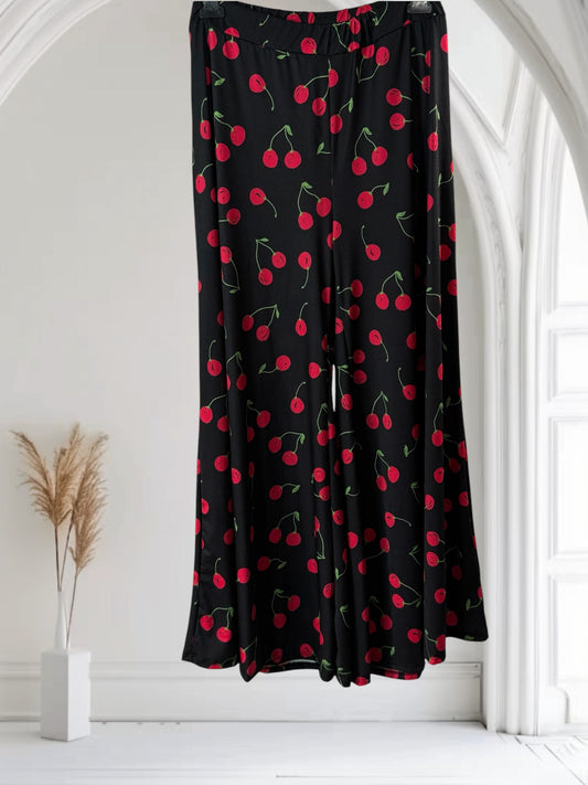 NOUGAT - PANTALON PALAZZO NOIR MOTIF CERISE TAILLE 46 A 54