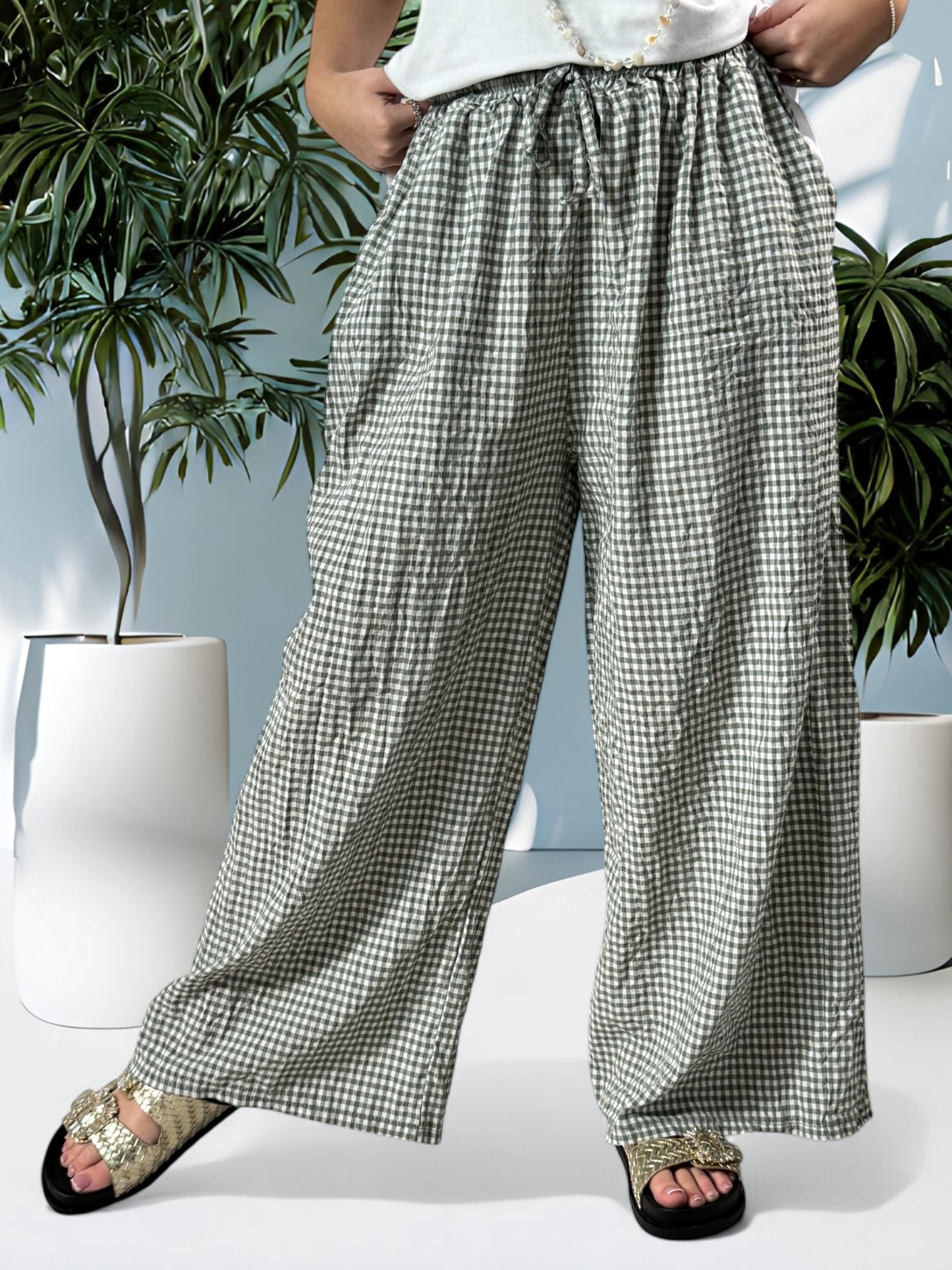 LEO - PANTALON VICHY KAKI JUSQU'A 50