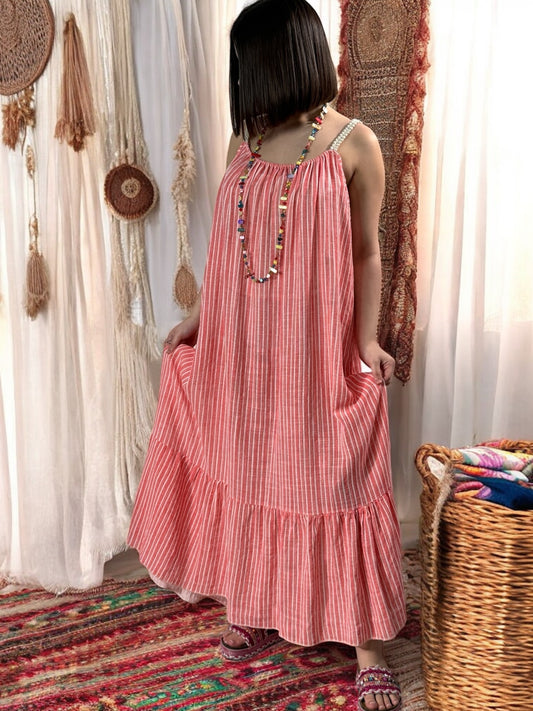 MARION - ROBE LONGUE CORAIL A RAYURE JUSQU'A LA TAILLE 54