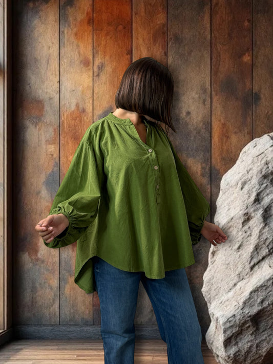 ALICIA - BLOUSE VERTE EN VELOURS MILLERAIES OVERSIZE JUSQU'A LA TAILLE 56
