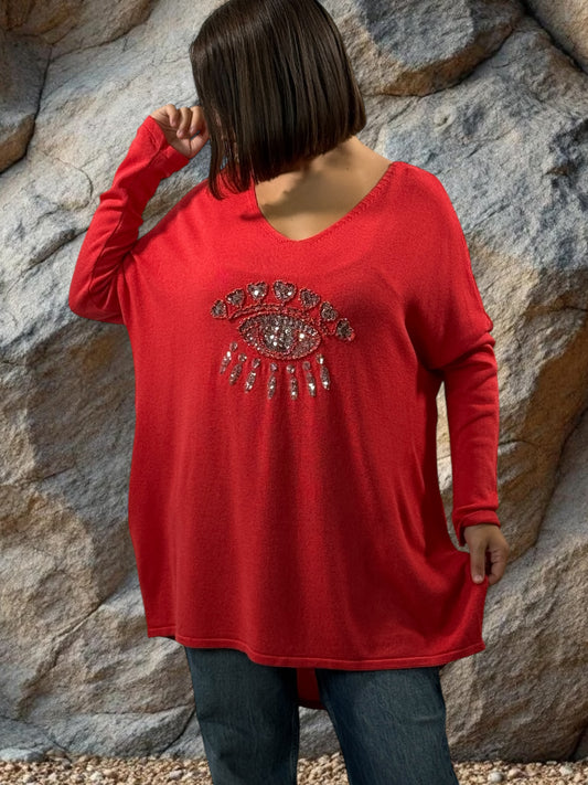 FREEDOM - PULL ROUGE EN MAILLE FLUIDE OEIL EN SEQUINS JUSQU'A LA TAILLE 52
