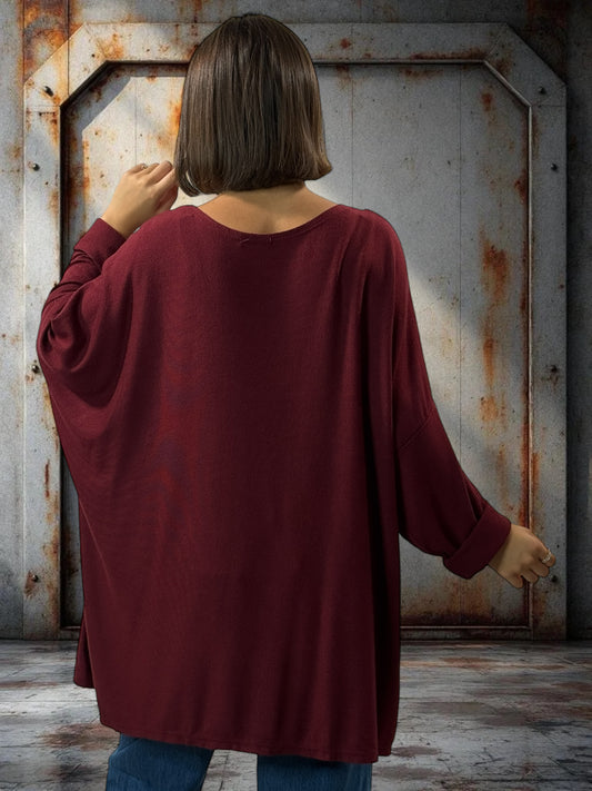 TIPHAINE - PULL BORDEAUX EN MAILLE BORDE DE DENTELLE JUSQU'A LA TAILLE 56