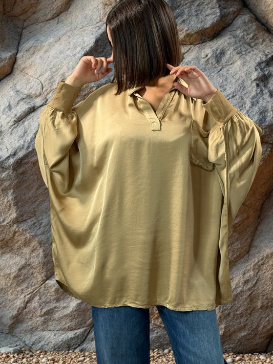 MONICA - TUNIQUE CAMEL OVERSIZE ASPECT SOIE JUSQU'A LA TAILLE 56