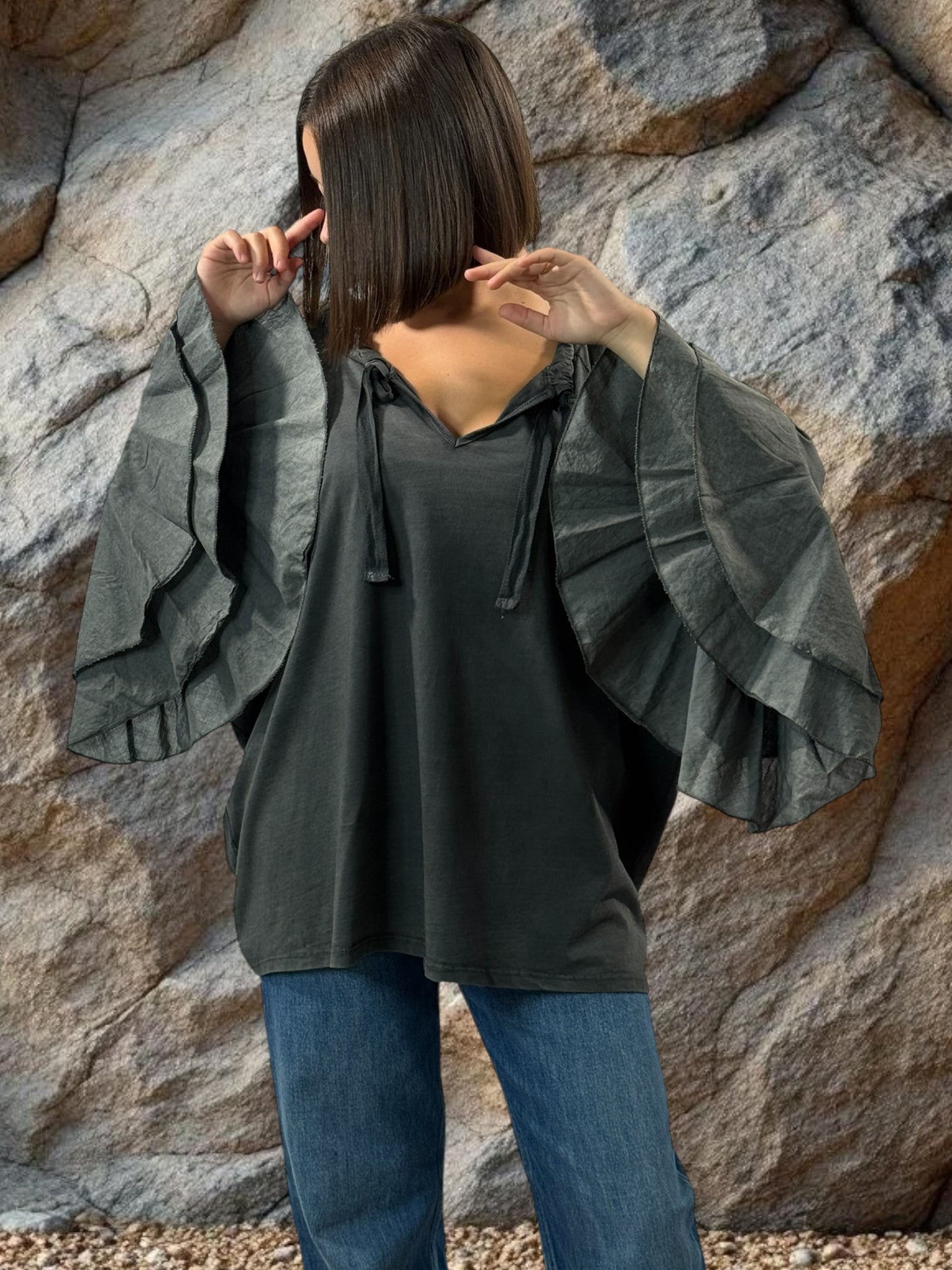 EMILIE - BLOUSE GRISE EN COTON OVERSIZE JUSQU'A LA TAILLE 52