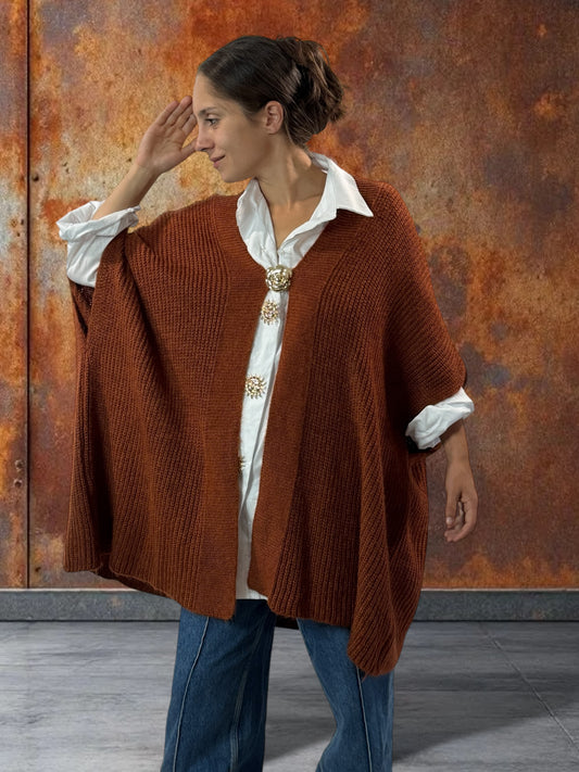 BELINDA - GILET OVERSIZE ROUX AVEC SA BROCHE JUSQU'A LA TAILLE 60