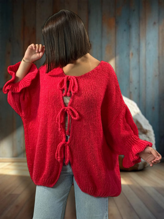 BERENGERE - GILET OVERSIZE ROUGE AVEC NOEUDS JUSQU'A LA TAILLE 52/54