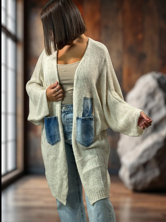 SANTANA - GILET OVERSIZE BEIGE POCHES EN JEAN JUSQU'A LA TAILLE 52