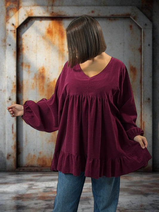 VICTORIA - TUNIQUE BORDEAUX EN VELOURS MILLERAIES OVERSIZE JUSQU'A LA TAILLE 52