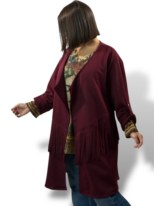 FERIA - VESTE BORDEAUX A FRANGE OVERSIZE JUSQU'A LA TAILLE 52/54