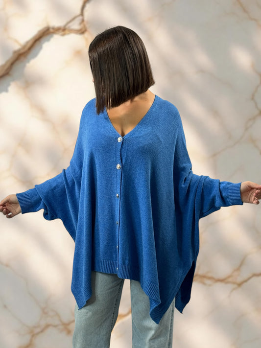 MATHILDE - GILET OVERSIZE BLEU JUSQU'A LA TAILLE 56/58