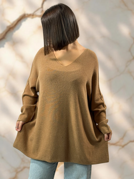 LARA - PULL OVERSIZE CAMEL JUSQU'A LA TAILLE 54