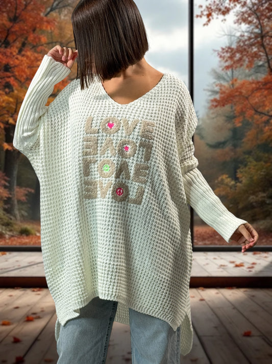 LOVELY - PULL OVERSIZE BLANC CASSE JUSQU'A LA TAILLE 56/58