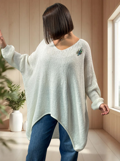 JULIA- PULL OVERSIZE BLANC CASSE JUSQU'A LA TAILLE 56/58