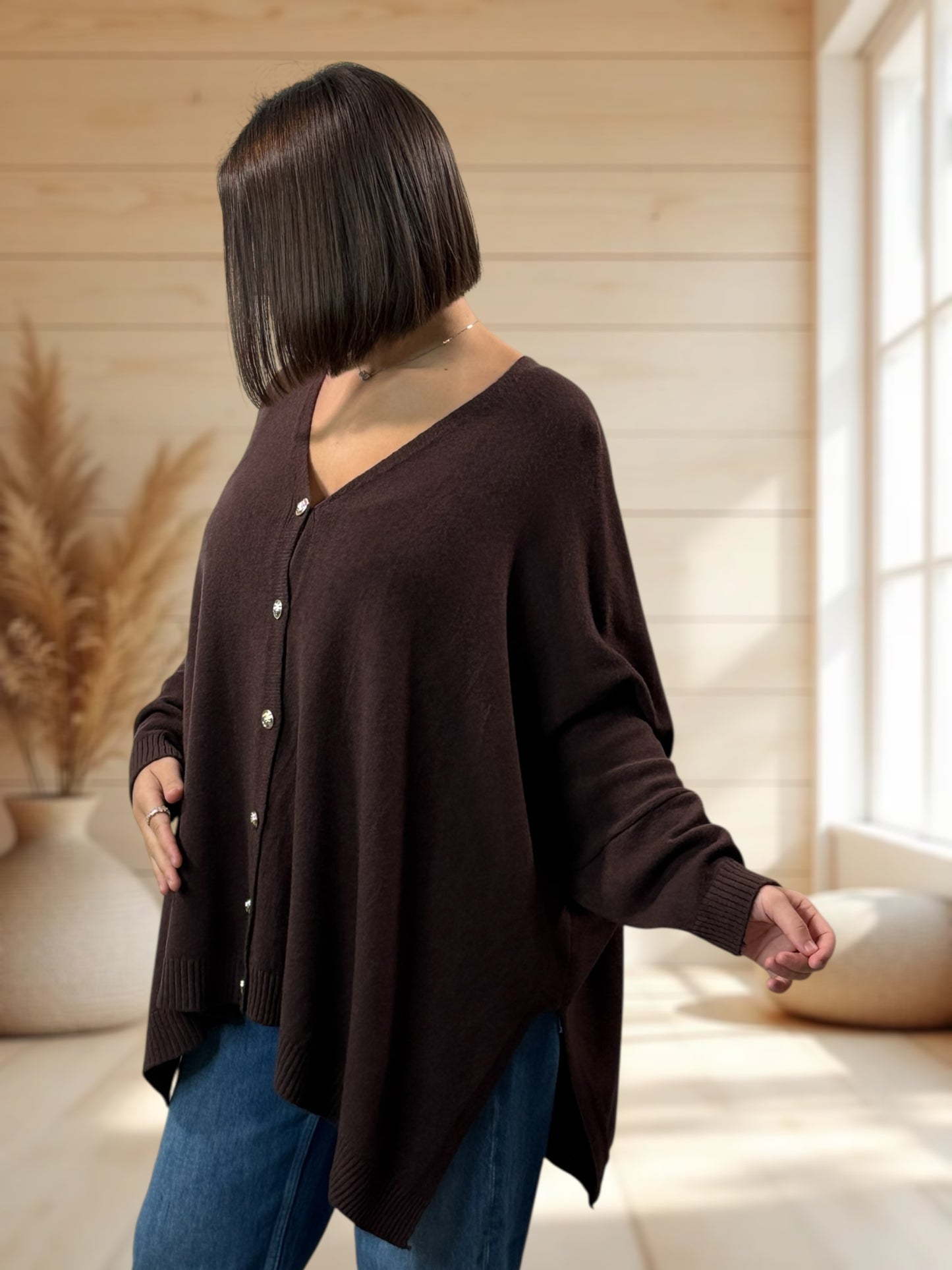 MATHILDE - GILET OVERSIZE MARRON JUSQU'A LA TAILLE 56/58