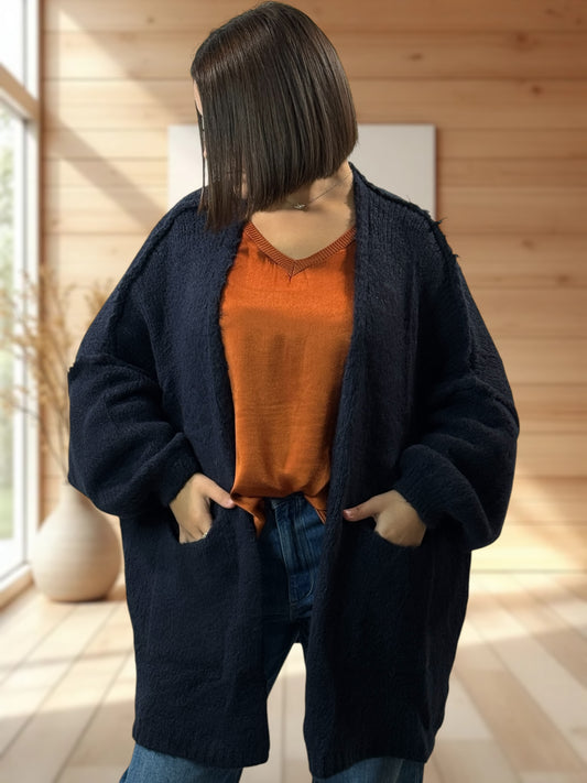 CLEO - GILET OVERSIZE MARINE AVEC JUSQU'A LA TAILLE 52/54