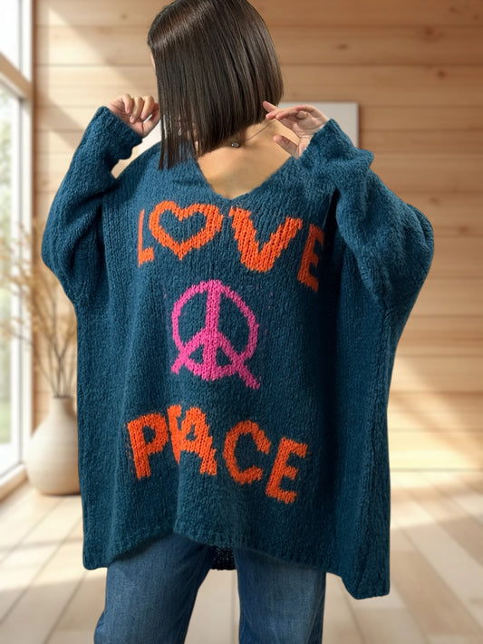 LUCKY - PULL BLEU OVERSIZE PEACE & LOVE JUSQU'A LA TAILLE 56/58