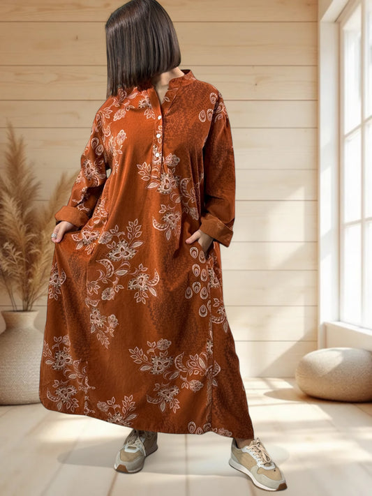 VERONE - ROBE ROUILLE A MOTIF EN VELOURS JUSQU'A LA TAILLE 52