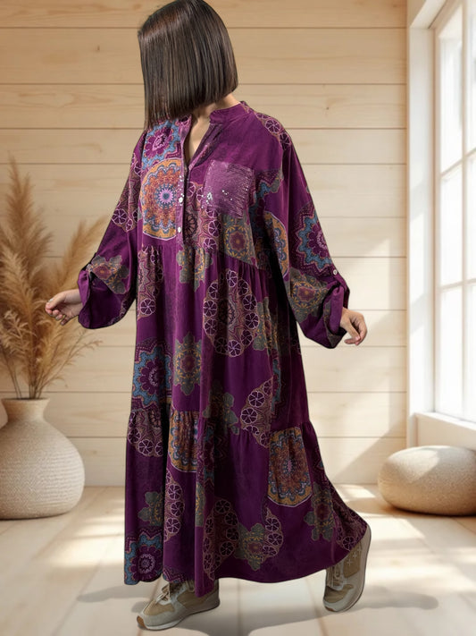 VANINA - ROBE CYCLAMEN A MOTIF EN VELOURS JUSQU'A LA TAILLE 52