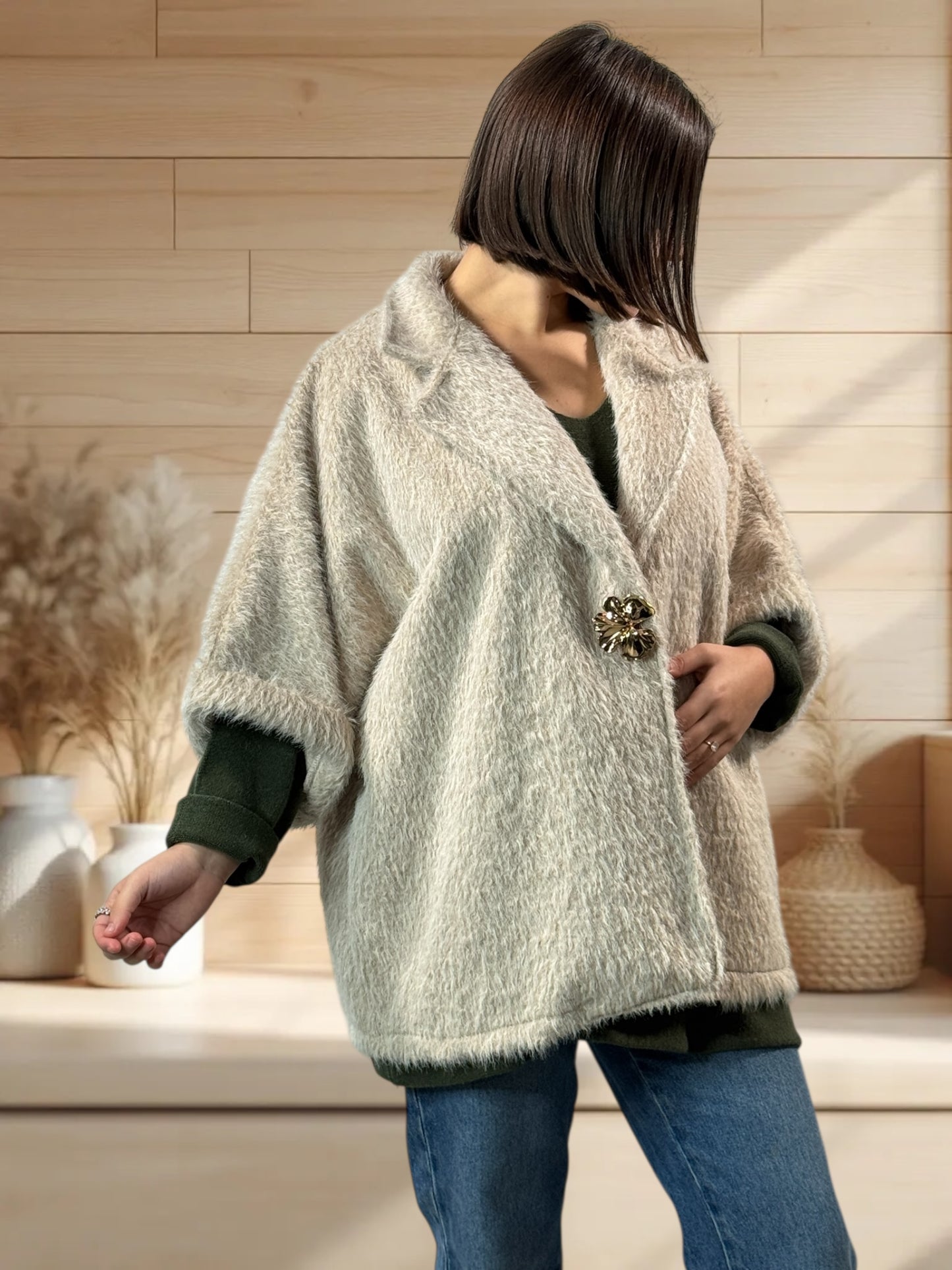 MAGUY - VESTE OVERSIZE BEIGE JUSQU'A LA TAILLE 54