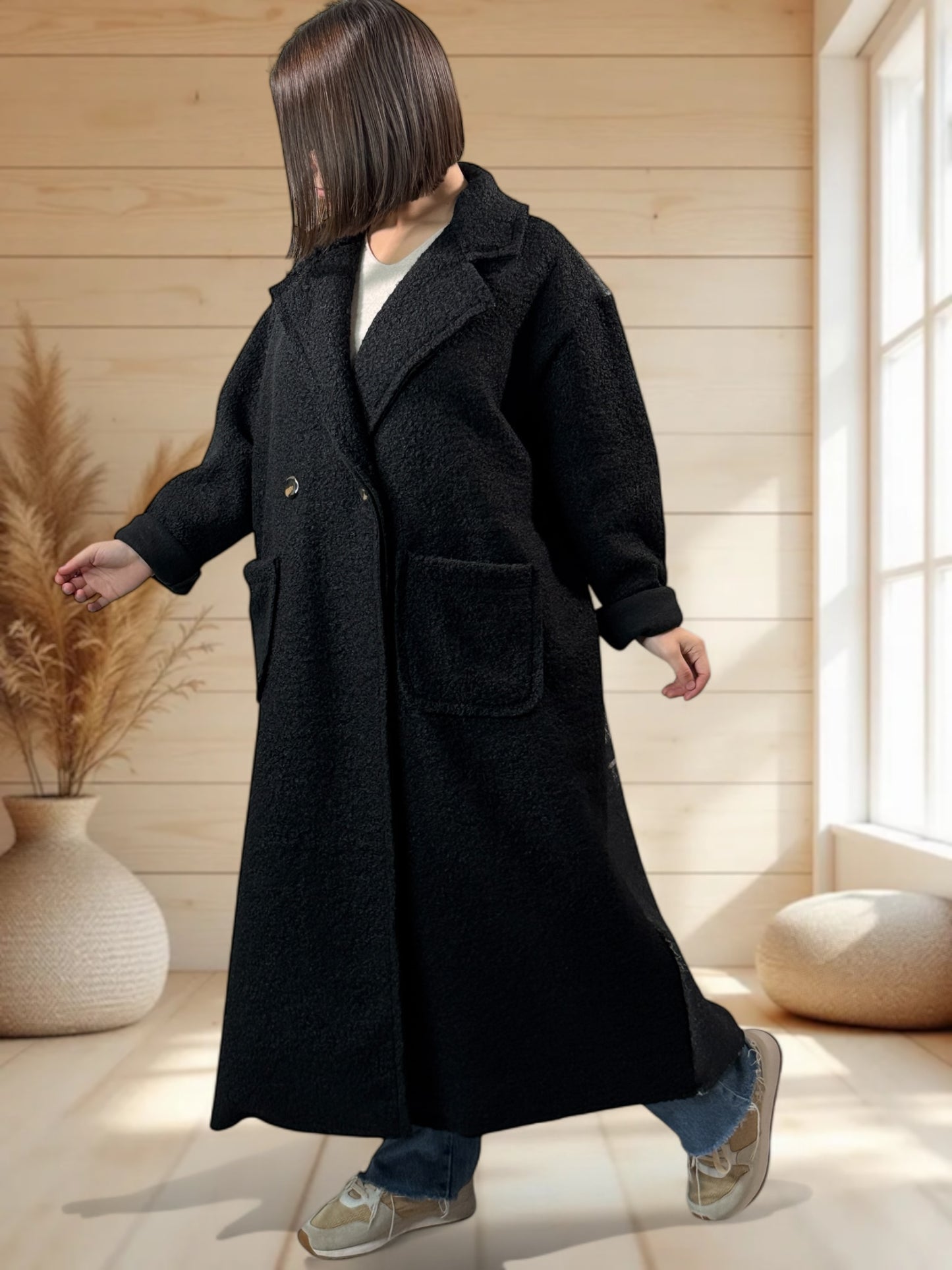 SYLVIO - LONG MANTEAU NOIR JUSQU'A LA TAILLE 54