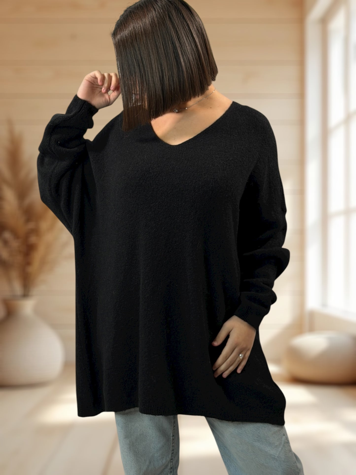 ANGELICA - PULL OVERSIZE NOIR AVEC ALPAGA JUSQU'A LA TAILLE 56