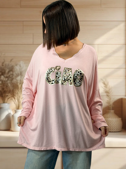 CIAO - PULL ROSE EN MAILLE FLUIDE JUSQU'A LA TAILLE 54/56