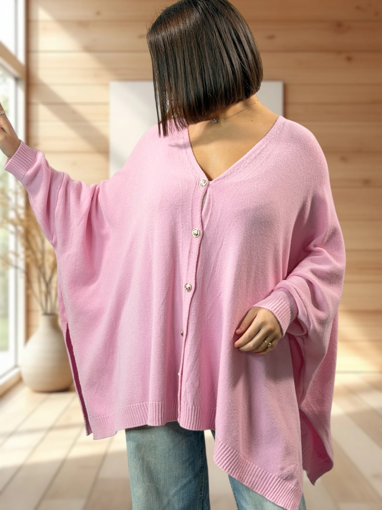 MATHILDE - GILET OVERSIZE ROSE JUSQU'A LA TAILLE 56/58