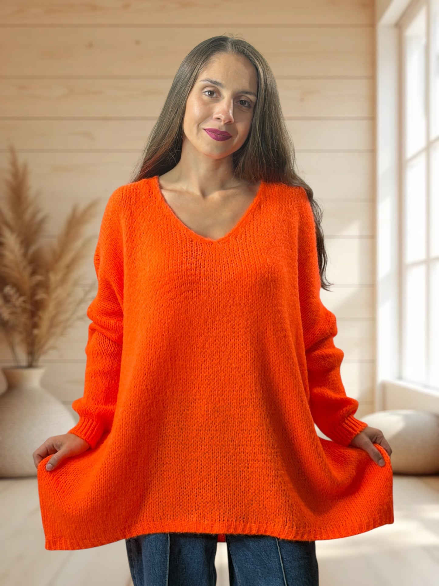 RICKOU - PULL OVERSIZE ORANGE MOTIF SOLEIL JUSQU'A LA TAILLE 56