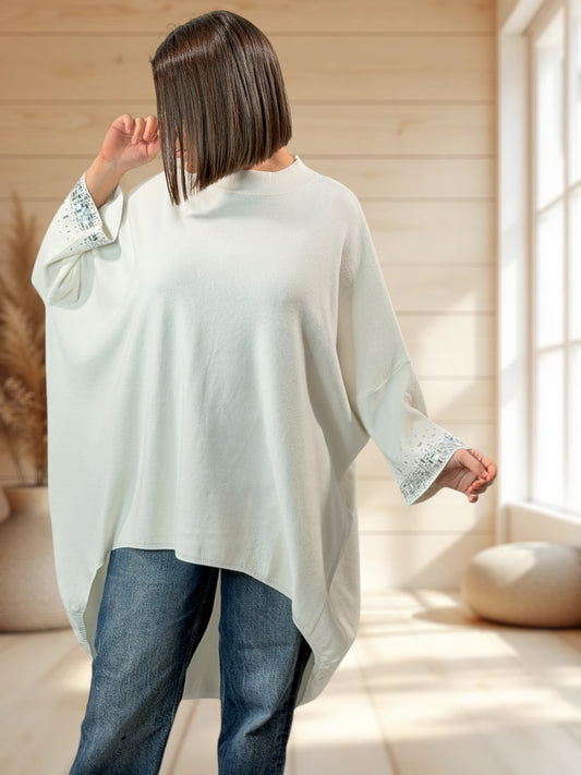 CORALINE - PULL OVERSIZE BLANC AVEC STRASS JUSQU'A LA TAILLE 56