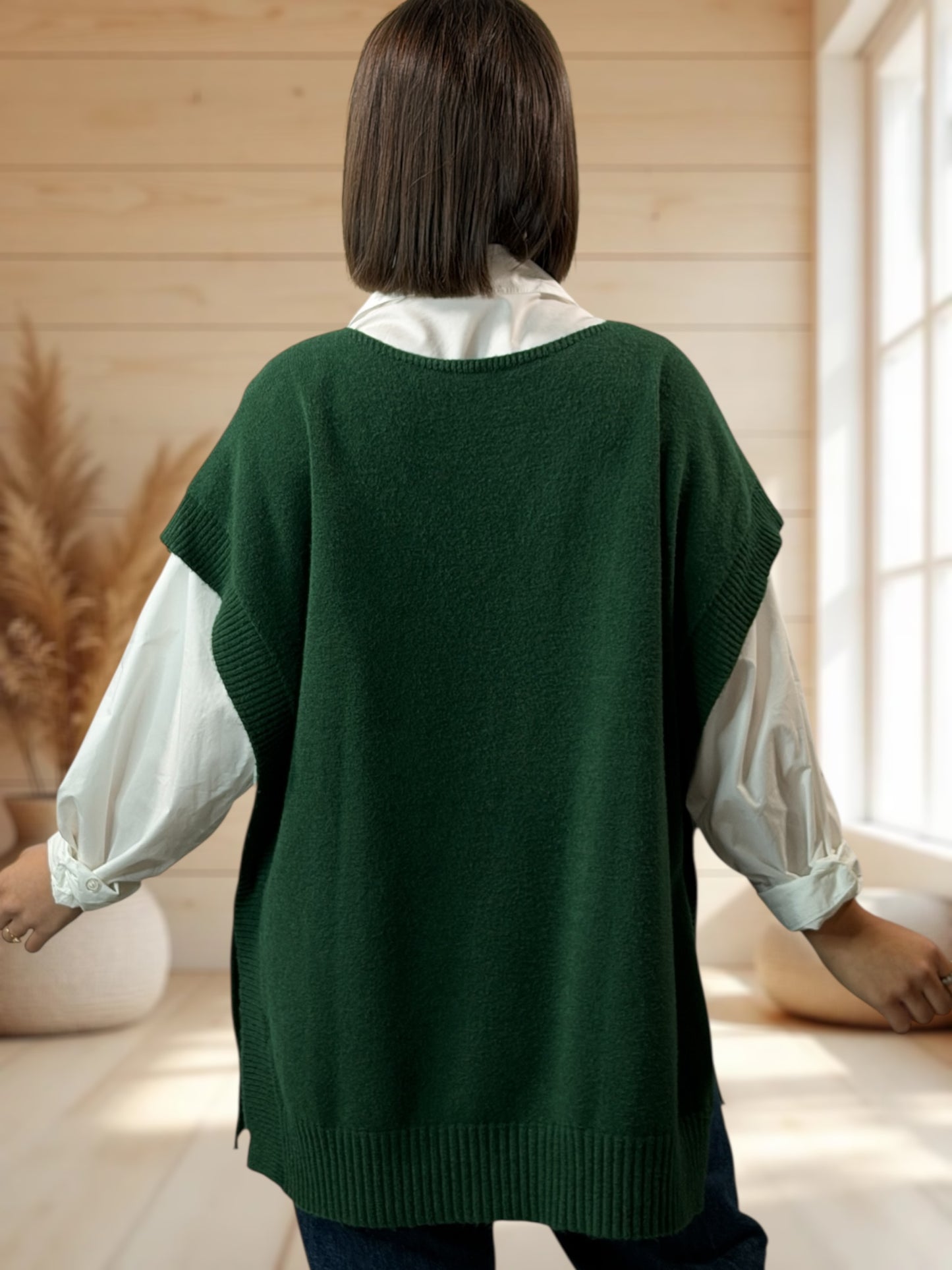 AURELIE - PULL VERT BOUTEILLE SANS MANCHES JUSQU'A LA TAILLE 52