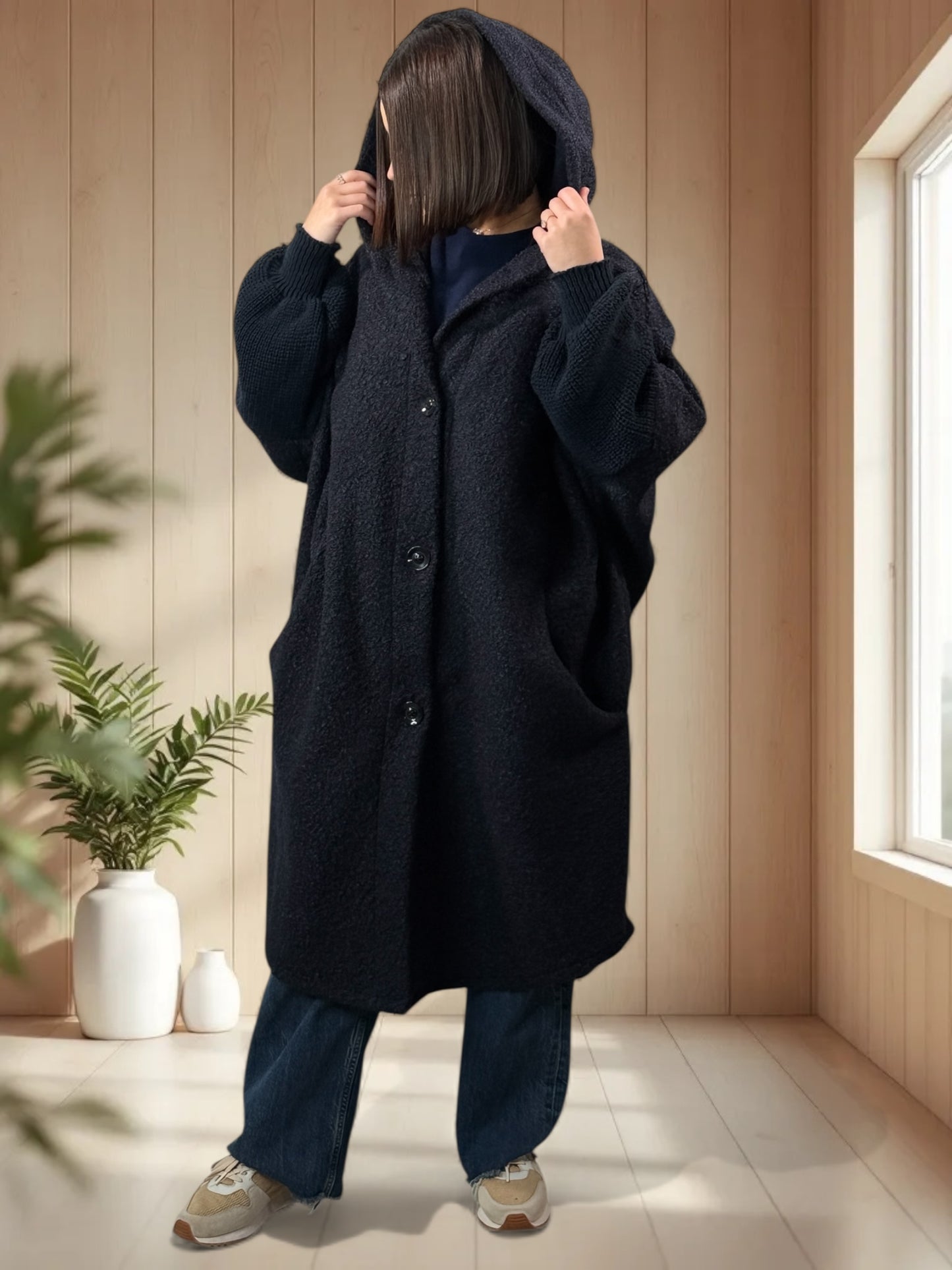VIRGINIE - MANTEAU OVERSIZE MARINE A CAPUCHE JUSQU'A LA TAILLE 54