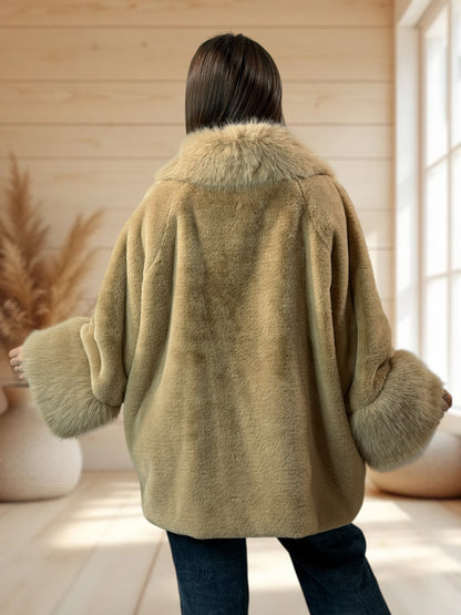 BERENGERE - VESTE FAUSSE FOURRURE OVERSIZE BEIGE JUSQU'A LA TAILLE 54