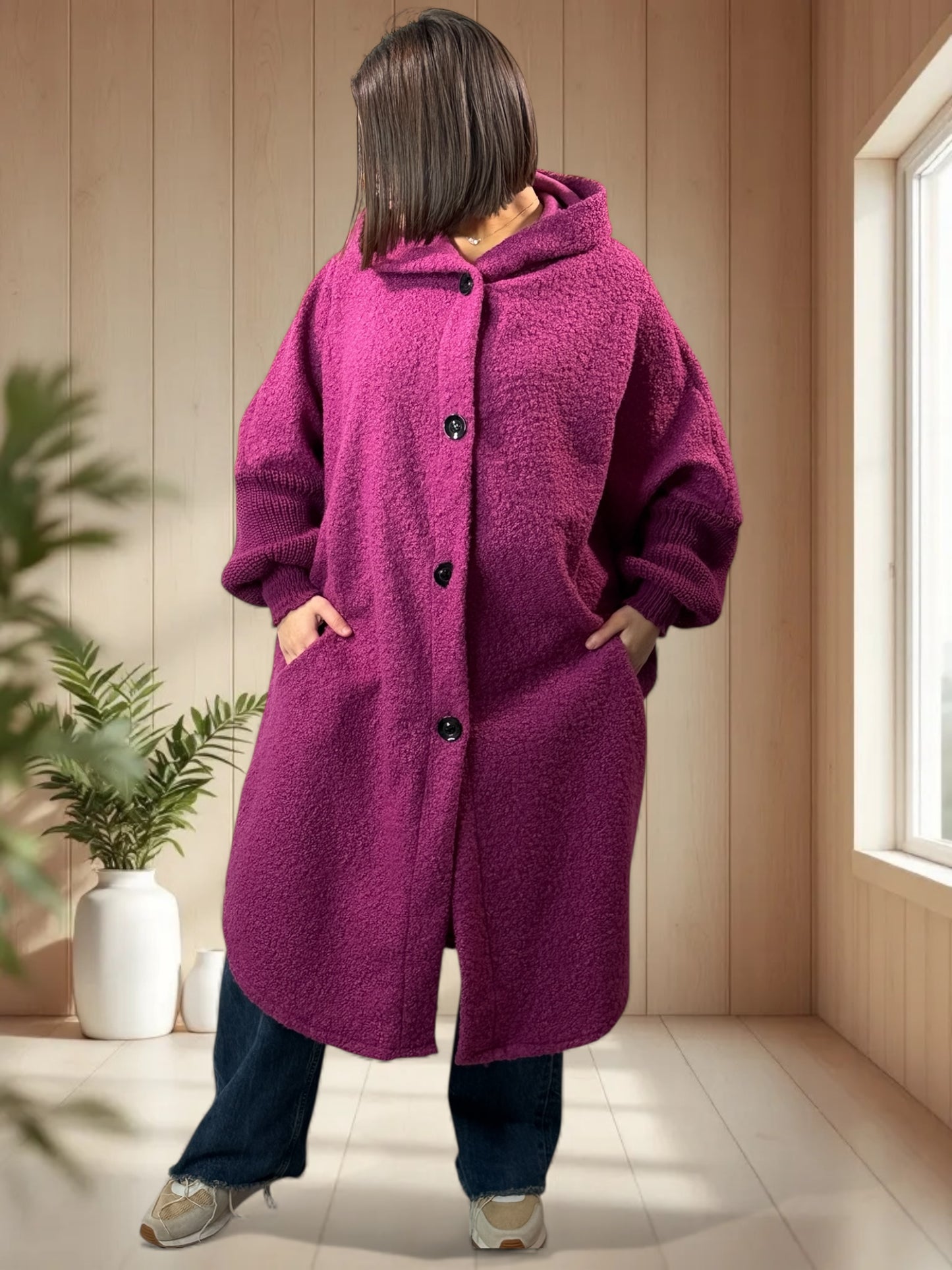 VIRGINIE - MANTEAU OVERSIZE CYCLAMEN A CAPUCHE JUSQU'A LA TAILLE 54